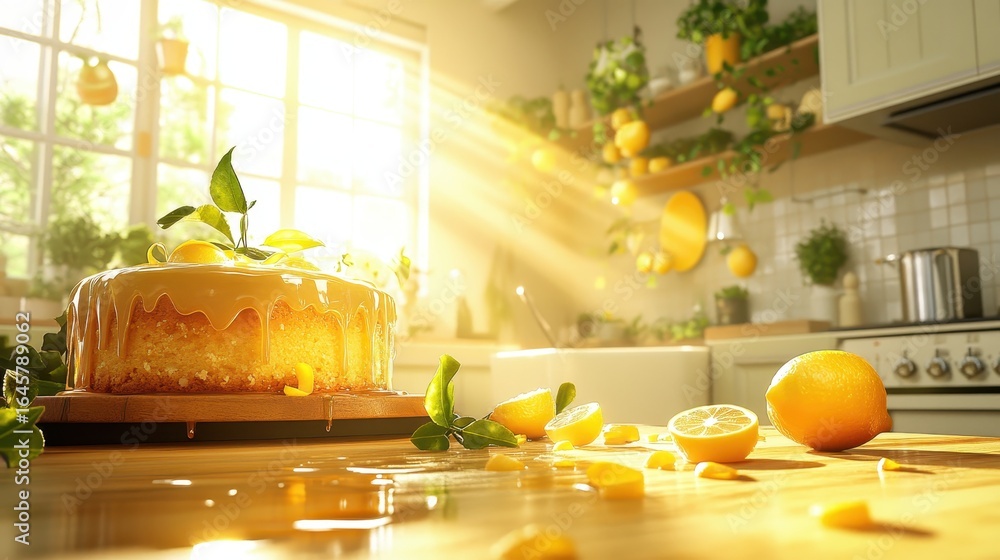 Fototapeta premium Bright and Inviting Lemon Cake with Sunlight in Cozy Kitchen Setting