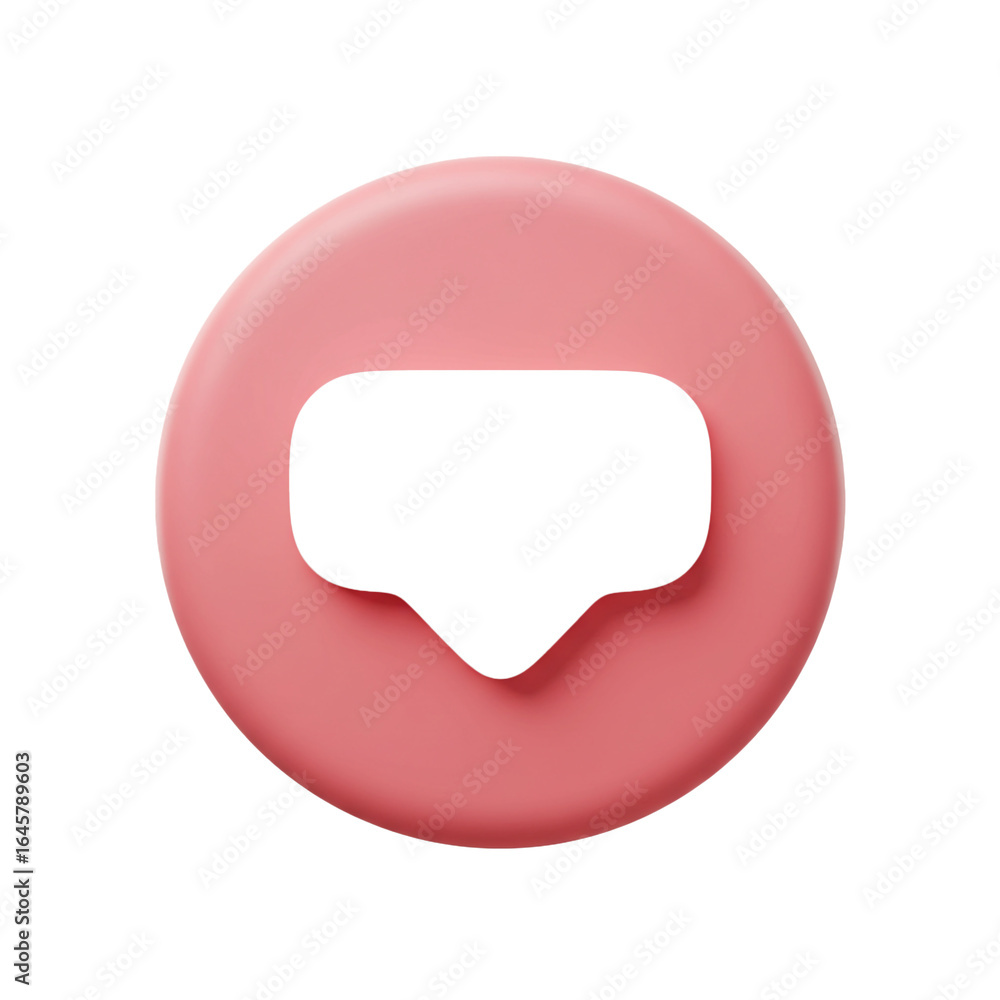 Fototapeta premium A soft, three-dimensional, circular pink button features a dark, recessed speech bubble icon, casting subtle shadows to create depth on a plain black background.