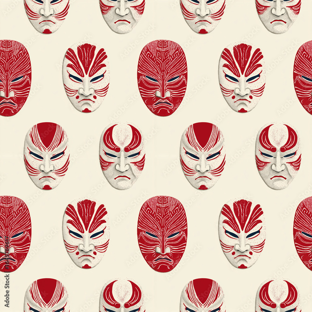 Traditional kabuki masks seamless pattern in dramatic red white Traditional kabuki masks seamless pattern in dramatic red white