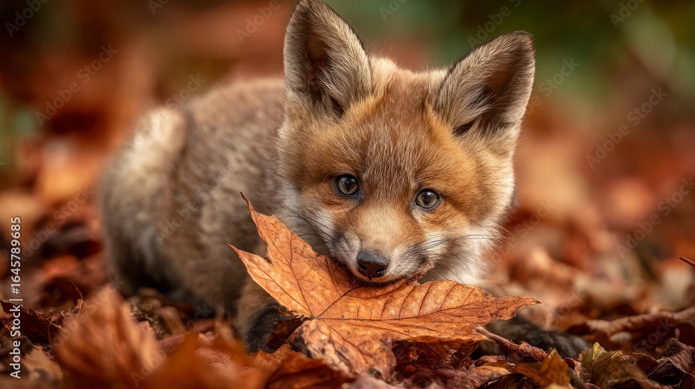 Fototapeta premium Fox pup in autumn leaves
