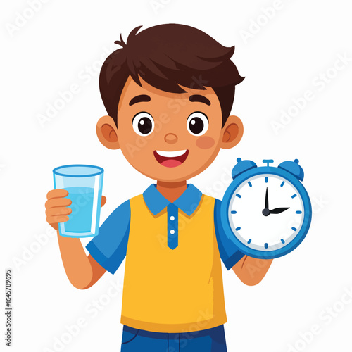 A cartoon boy holds a glass of water in one hand and an alarm clock in the other, smiling.