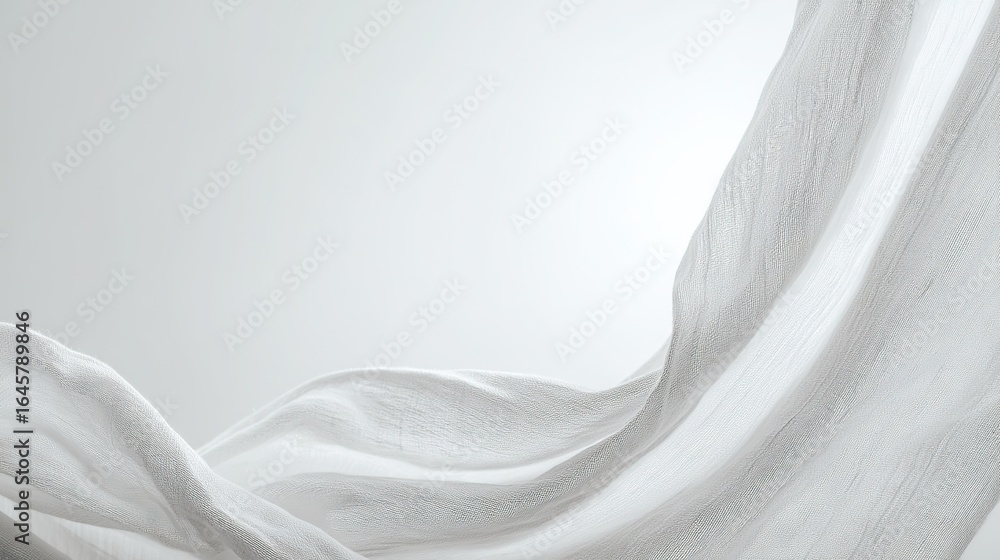 Silk fabric with soft folds flowing in the center of a white background, forming artistic patterns in a simple, elegant monochromatic composition that emphasizes fluidity, tranquility, and luxury. Silk fabric with soft folds flowing in the center of a white background, forming artistic patterns in a simple, elegant monochromatic composition that emphasizes fluidity, tranquility, and luxury.
