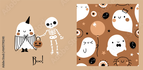 Cute halloween seamless pattern ghost vector pumpkin characters spooky backdrop for wrapping paper, poster, cartoon autumn fall print set.