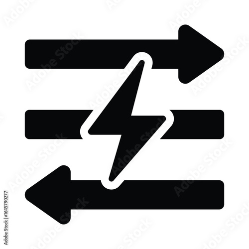 Minimalist black graphic with three horizontal bars, opposing arrows, and a central lightning bolt. Bold, clean lines symbolize energy flow or power transfer in a modern, simple style.