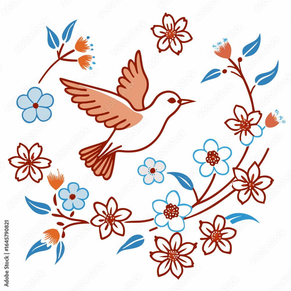 Obraz premium A stylized bird in flight surrounded by a delicate floral arrangement with blue and orange blossoms and leaves