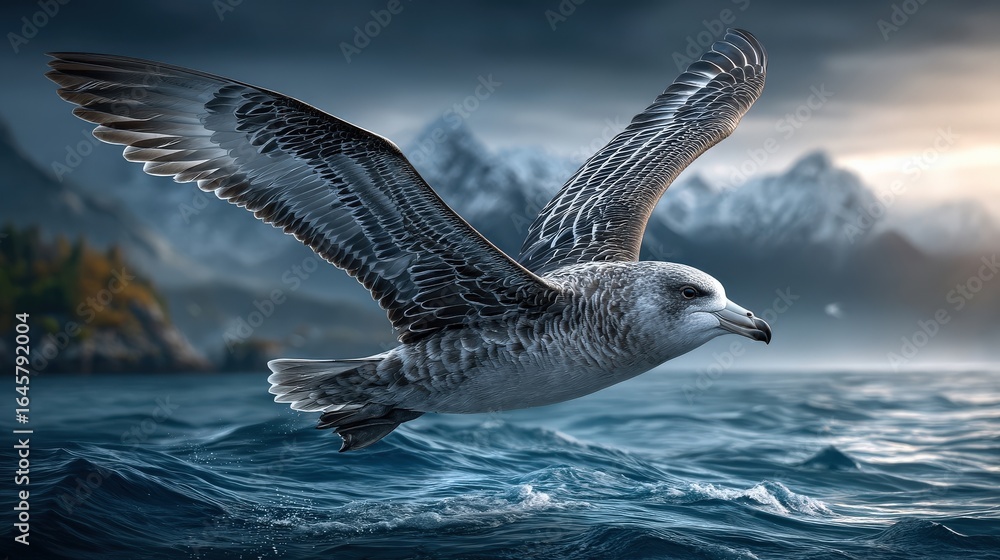 Fototapeta premium A soaring bird above a serene, mountainous seascape.