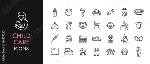 Child care line icon set, outline web icon collection containing Baby, Stroller, Toys and more, vector illustration in line style