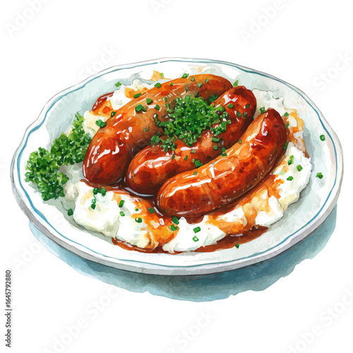 Watercolor vector illustration of Bangers And Mash, isolated on white background.