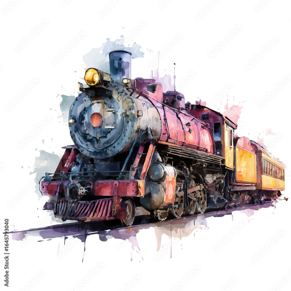 Naklejka premium Train, watercolor painting, vector illustration, isolated on a white background.
