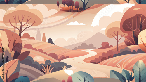 Whimsical stylized landscape with soft ethereal atmosphere