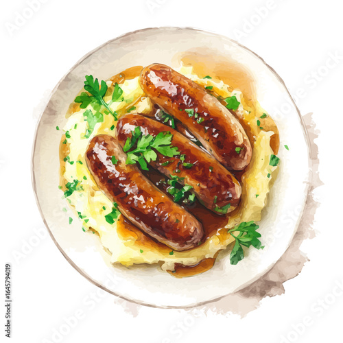 A watercolor painting of Bangers And Mash, vector illustration on white background.