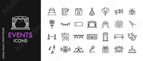 Events line icon set, outline web icon collection containing Calendar, Party, Stage and more, vector illustration in line style