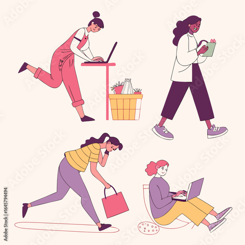 bundle of vector illustrations showing characters doing daily activities such as working on laptop, exercising, grocery shopping, cooking, and relaxing, modern flat style, pastel colors, dynamic poses