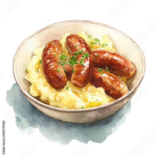 Watercolor vector illustration of Bangers And Mash, isolated on white background.