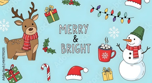 Festive Christmas icon set vector illustration featuring holly jolly text, Christmas tree, ornaments, gnome, gingerbread man, and sock, colorful holiday symbols perfect for seasonal designs