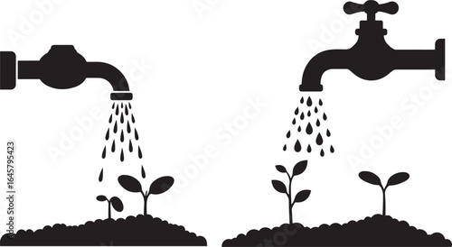 Watering plants with dripping taps silhouette