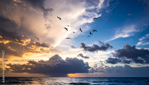 Sunrise over ocean with birds