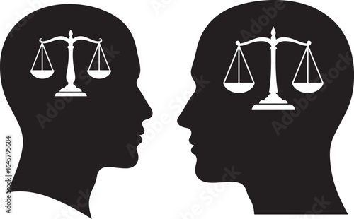 Two human head silhouettes facing each other with scales of justice inside