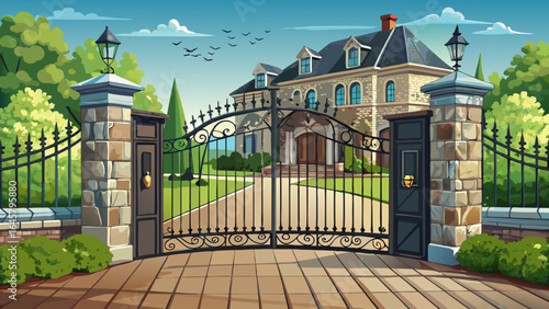 Black aluminum double swing gate with dog gate provides elegant, secure access to upscale residential property. Paved driveway leads to beautiful stone house exterior with manicured ..