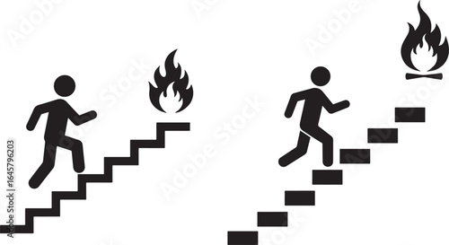 Two figures running up stairs with fire symbols silhouette