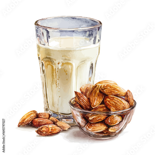 A watercolor painting of Almond Milk, vector illustration on white background.