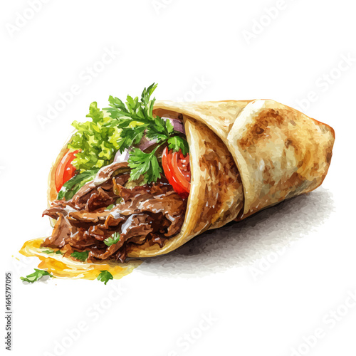 Beef Shawarma, watercolor painting, vector illustration, isolated on a white background.