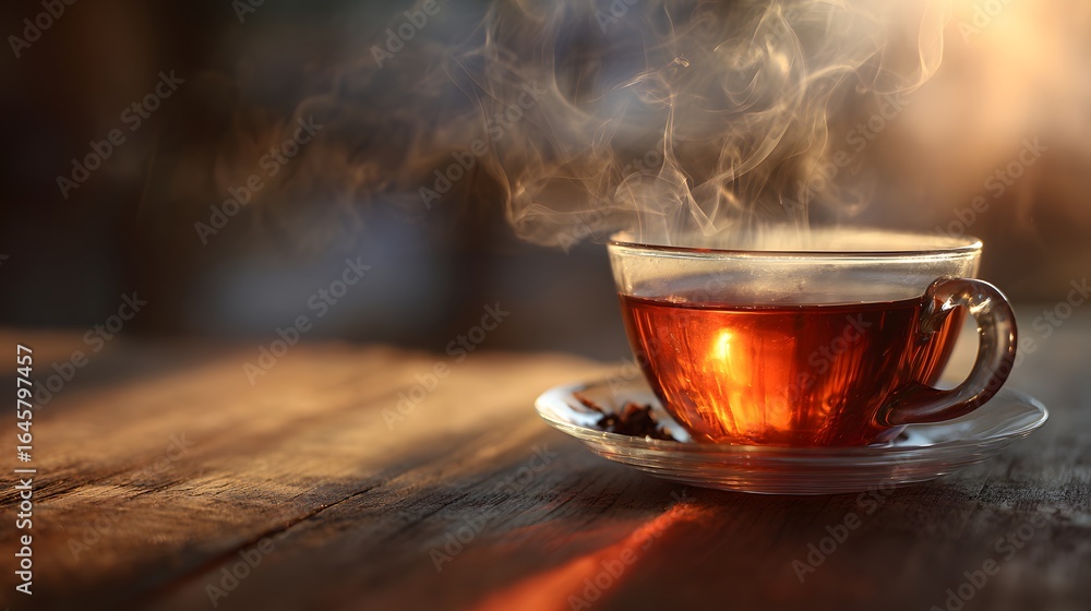 Fototapeta premium A steaming cup of tea on a wooden table.
