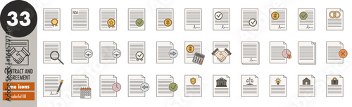 Contract, agreement, policy - thin line icons set with colorful fill. Insurance, mortgage, certificate, loan, lease, bank statement, signature, notary, document, confirmation, vector illustration