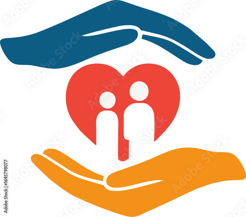 Colorful vector icon of two hands protecting a heart with two people figures inside, symbolizing safety, love, and family care in flat minimal style