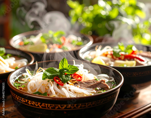 Delicious hot pho bowls with steam