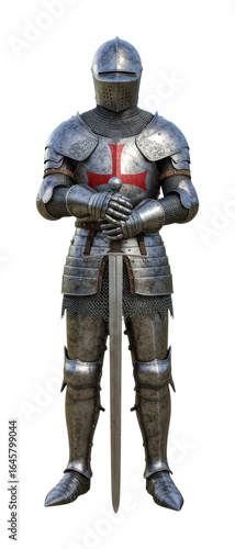 A knight in full armor stands with his sword raised. Cut out png