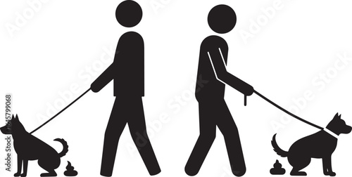 Two people walking dogs and picking up poop silhouette
