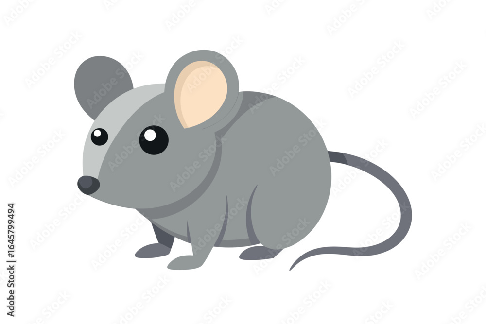 Fototapeta premium Cute cartoon gray mouse with big ears and long tail on white background