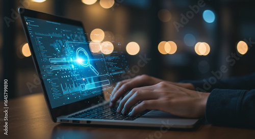 Hands typing on a laptop displaying a digital interface with a magnifying glass icon, suggesting data analysis or search. Bokeh lights in the background.