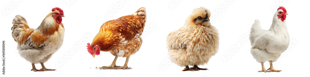Fototapeta premium colorful variety of chicken breeds displaying distinct features on transparent background