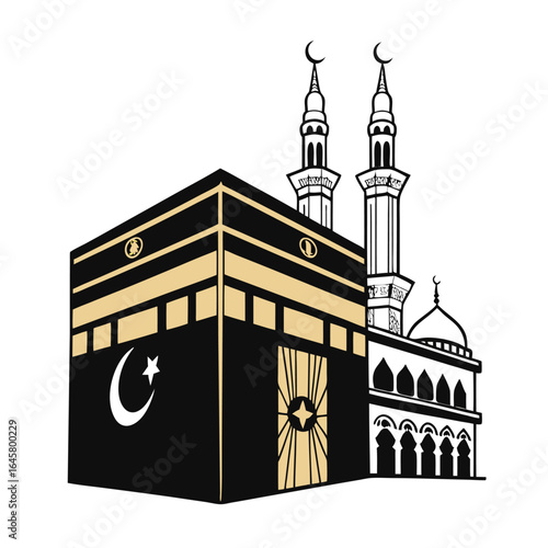 Illustration of the kaaba and a mosque, iconic symbols of islam, representing pilgrimage and worship in mecca, saudi arabia, isolated on white background