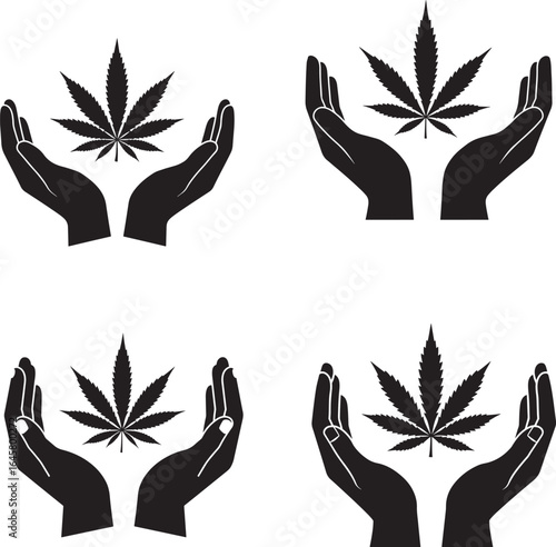 Four hands holding cannabis leaf silhouette