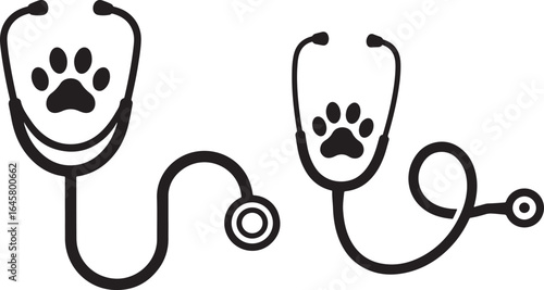 Two veterinary stethoscopes with paw print symbols silhouette