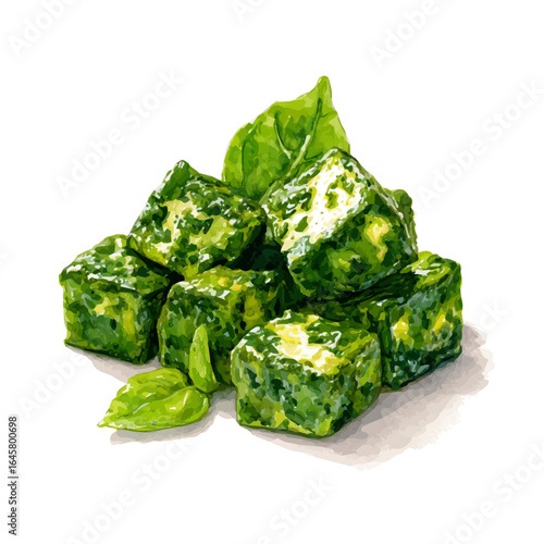 Watercolor vector illustration of Saag Paneer, isolated on white background.