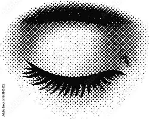 "Halftone Closed Eye Illustration in Black and White"