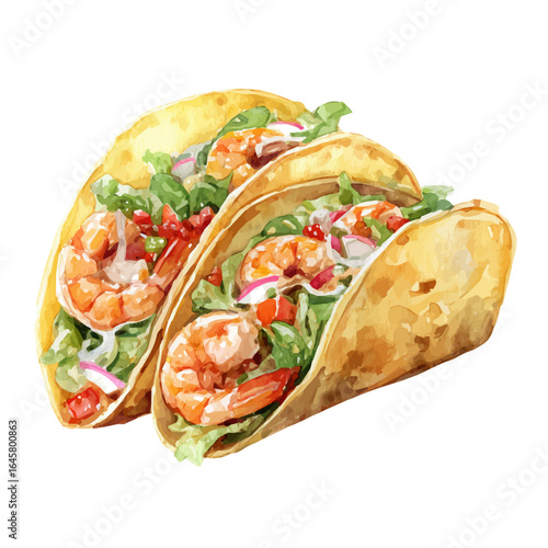 Shrimp Tacos, watercolor painting, vector illustration, isolated on a white background.