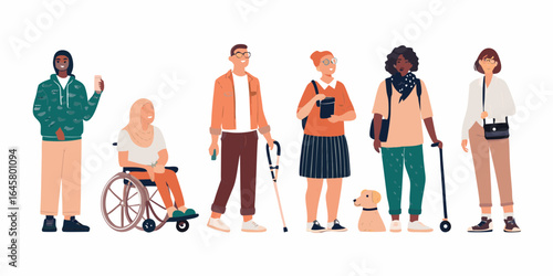 Diverse group of people with disabilities and a service animal