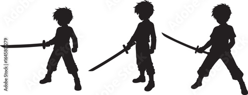 Three anime style warriors with swords silhouette