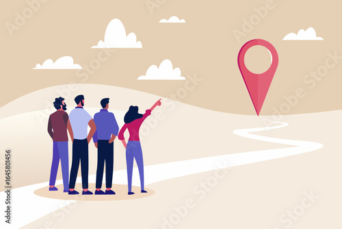 Team points towards a destination on a winding path