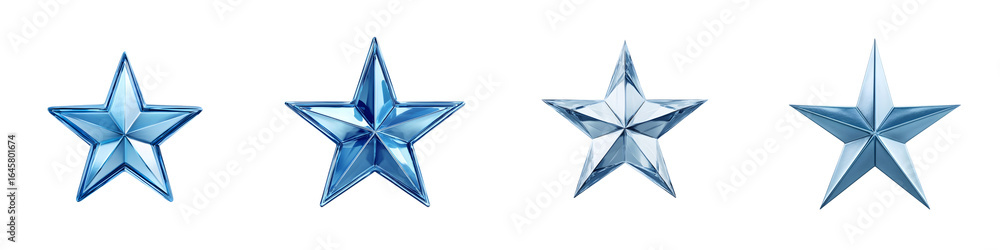 Obraz premium Set of Four Blue Metallic Stars on White: Awards, Christmas, or Decorative Elements