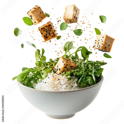 Fresh salad bowl with rice, sesame tofu cubes, and greens, showcasing a vibrant and healthy meal. on transparent background