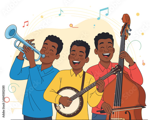 Illustration of diverse musicians playing guitar, trumpet, banjo, double bass, drums, and singing in joyful and energetic performances.