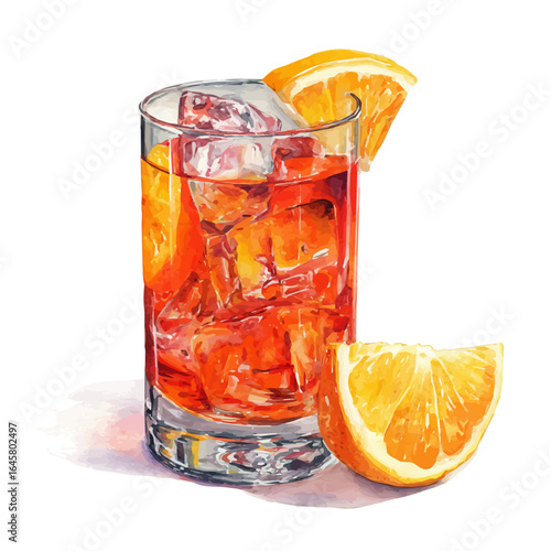 Aperol Spritz, watercolor painting, vector illustration, isolated on a white background.
