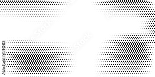 Hexagon halftone gradient texture. Abstract black grunge background. Geometric retro halftone tech overlay. Fading wavy hexagonal pattern backdrop. Vector vanishing honeycomb grunge bitmap wallpaper