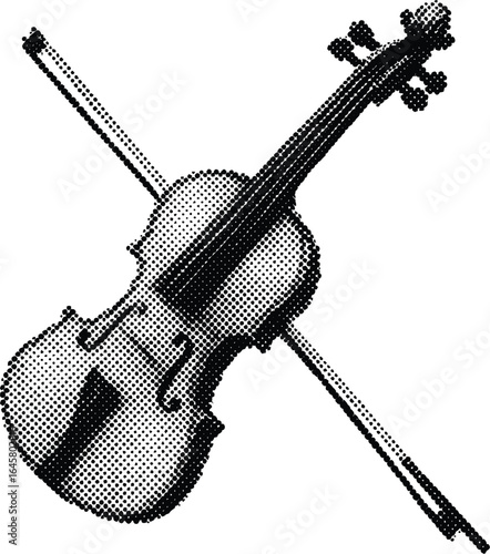 Vintage Halftone Violin and Bow Illustration in Stipple Dot Style
